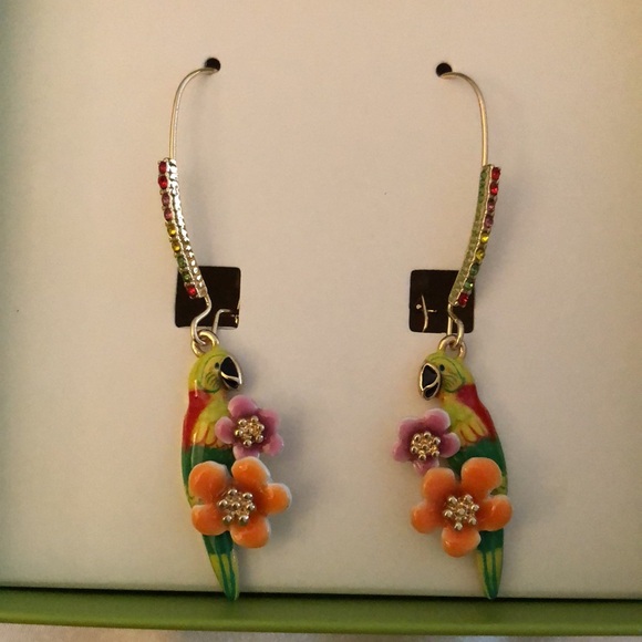 Betsey Johnson Gold Tone Rainbow Enamel Parrot & Flower Drop Earrings NIB - Picture 7 of 16